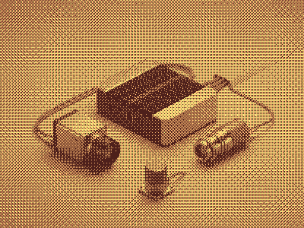 A compact electronic device with connected cables and small hardware components.