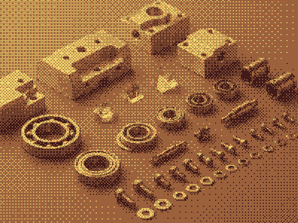 An assortment of precision mechanical components arranged in an organized layout.